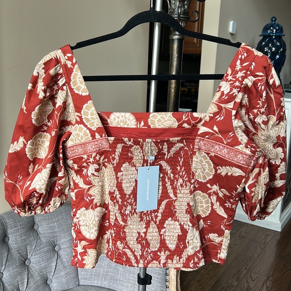 Antonio Melani Floral Puff Sleeve Top |Rust Red Beige | Square Neck |NWT Size 14 - Picture 6 of 8